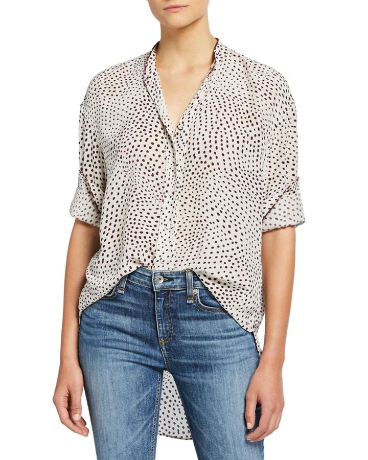 Dirdre Dotted Button-front Long-sleeve Blouse