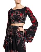 Midnight Blossom Smocked Bell-sleeve Crop Top