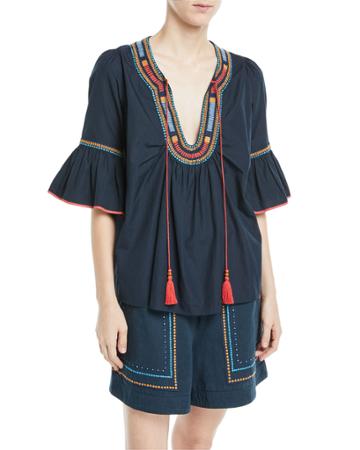 Half-sleeve Embroidered Cotton Tunic Blouse