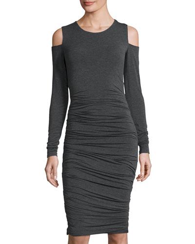 Ruched Jersey Cold-shoulder Dress, Charcoal