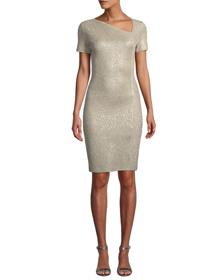 Brielle Sequin Asymmetric-neck Short-sleeve Dress