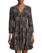 Aster Floral Long-sleeve Silk Dress, Black