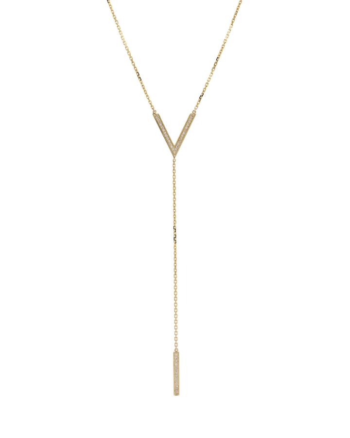 14k Yellow Gold Integrated Initial V & Bar Lariat Necklace W/ Pave Diamonds