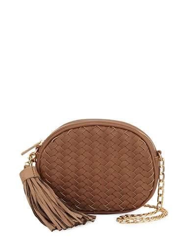 Woven Saffiano Tassel Crossbody Bag, Khaki