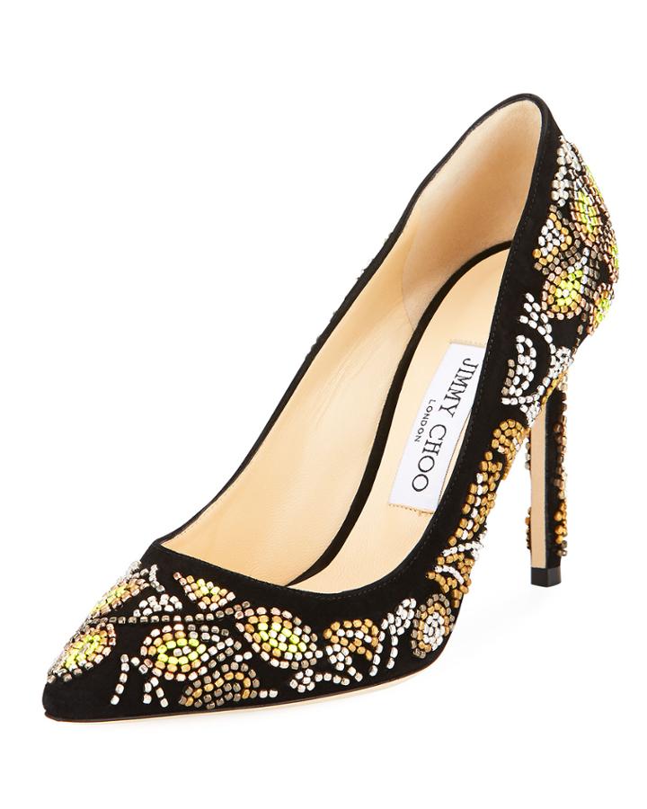 Romy 100mm Embroidered Suede Pump, Black