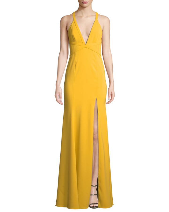 V-neck Crepe Crisscross Gown