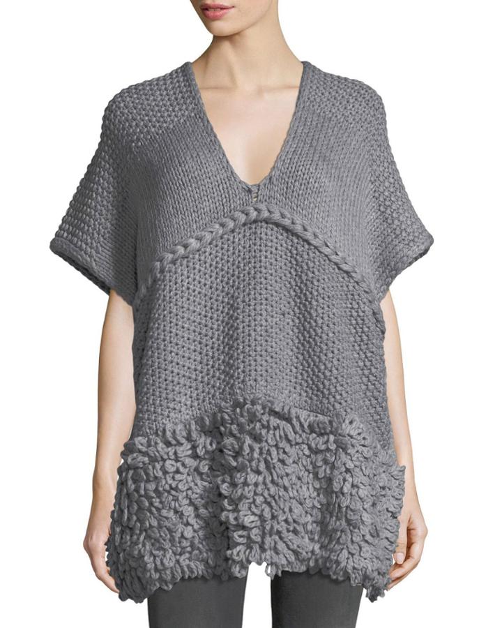V-neck Knit Poncho W/ Looped Yarn Trim