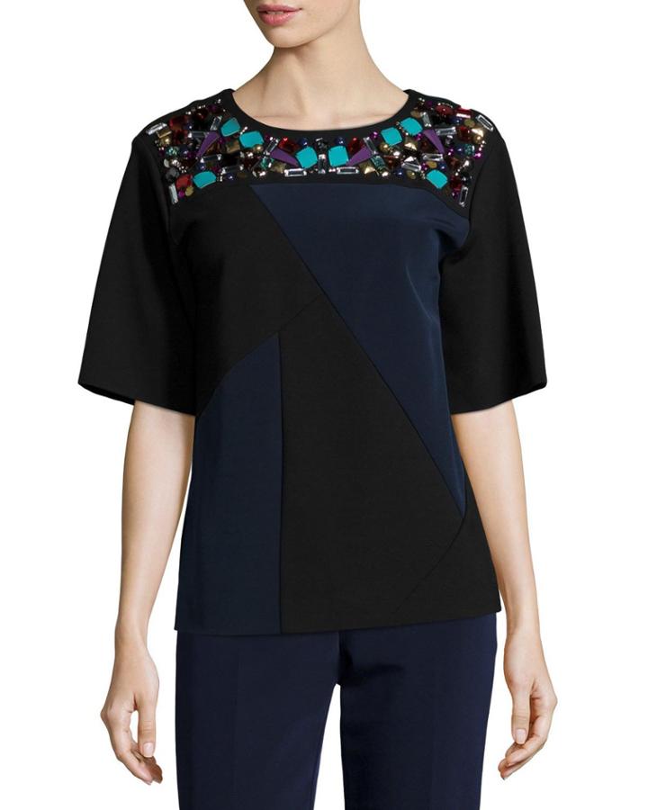 Short-sleeve Colorblock Embellished Top