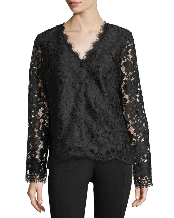Button-front Lace Jacket, Black