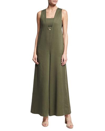 Sleeveless Twill Bandeau Jumpsuit, Olive