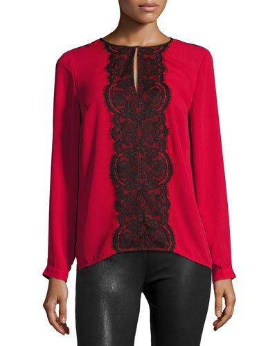 Front Lace Long-sleeve Top, Crimson