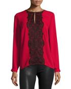 Front Lace Long-sleeve Top, Crimson