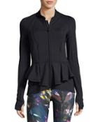 Zip-front Textured Peplum Jacket, Black