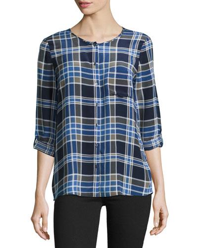 Kriana Plaid-print Blouse, Dark Navy