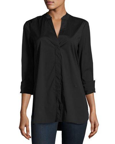 Hidden-button Long-sleeve Blouse, Black