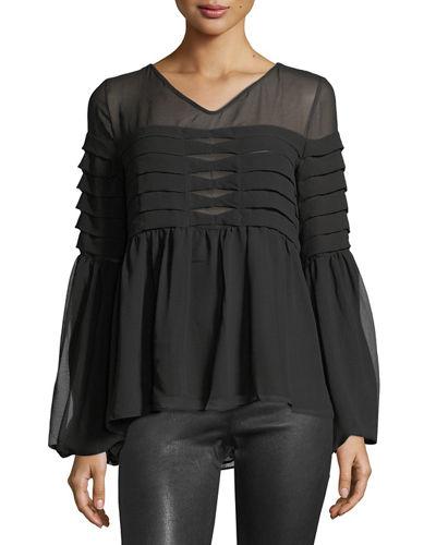 Tiered-pleat Bell-sleeve Blouse