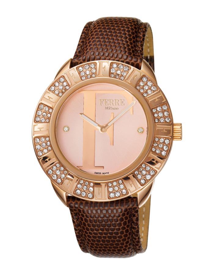 Crystal & Logo Leather Watch, Rose/brown