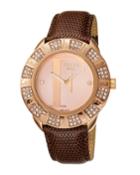 Crystal & Logo Leather Watch, Rose/brown