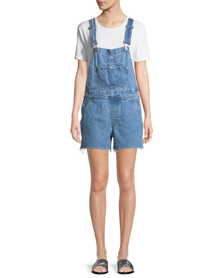 Patched Cutoff Short Dungaree Denim Overalls