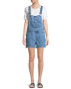 Patched Cutoff Short Dungaree Denim Overalls