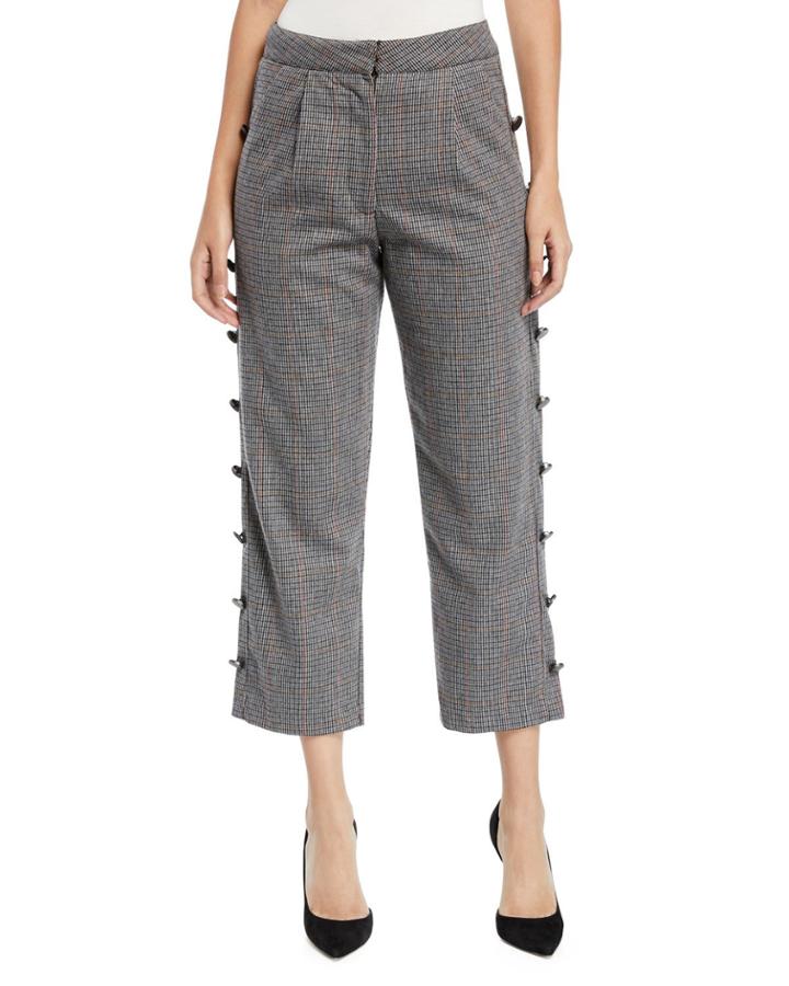 Glen-plaid Button-seam Cropped Trouser Pants
