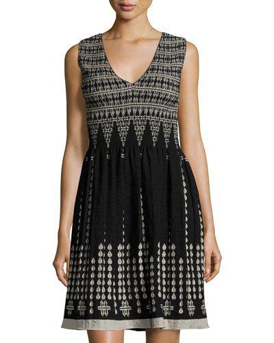 Sleeveless V-neck Smocked Jacquard Dress, Ecru/black