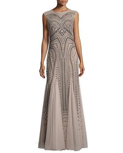 Glitter Embellished Trumpet Gown, Beige