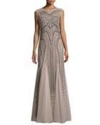 Glitter Embellished Trumpet Gown, Beige