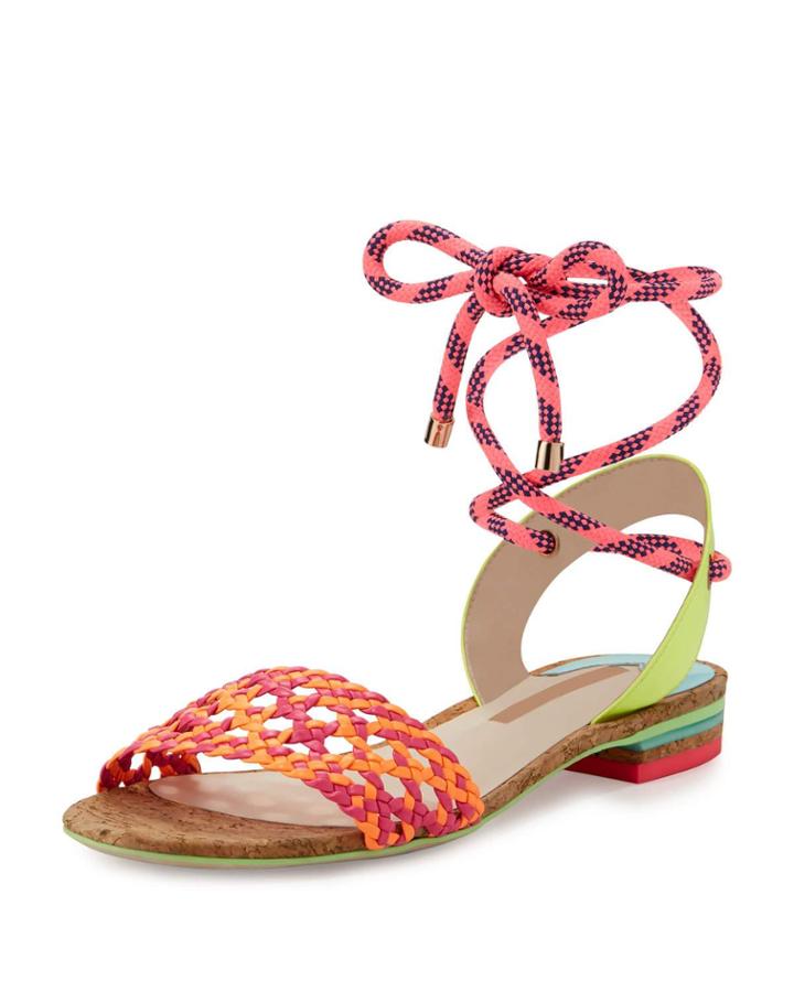 Nia Woven Ankle-wrap Sandal, Fluorescent Orange/magenta