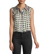 Twill-collared Pleated Top With Floral-print