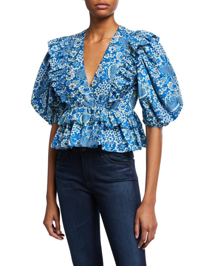 Elodie Puff-sleeve Floral Peplum Top