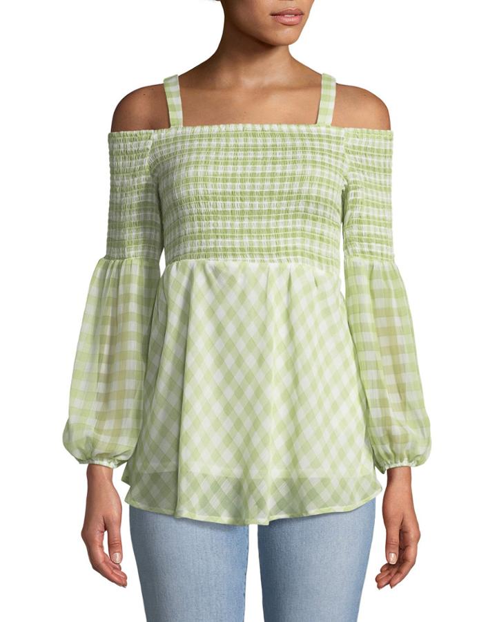 Cold-shoulder Gingham-chiffon Blouse