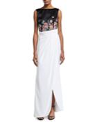 Floral-embroidered Two-tone Draped Gown