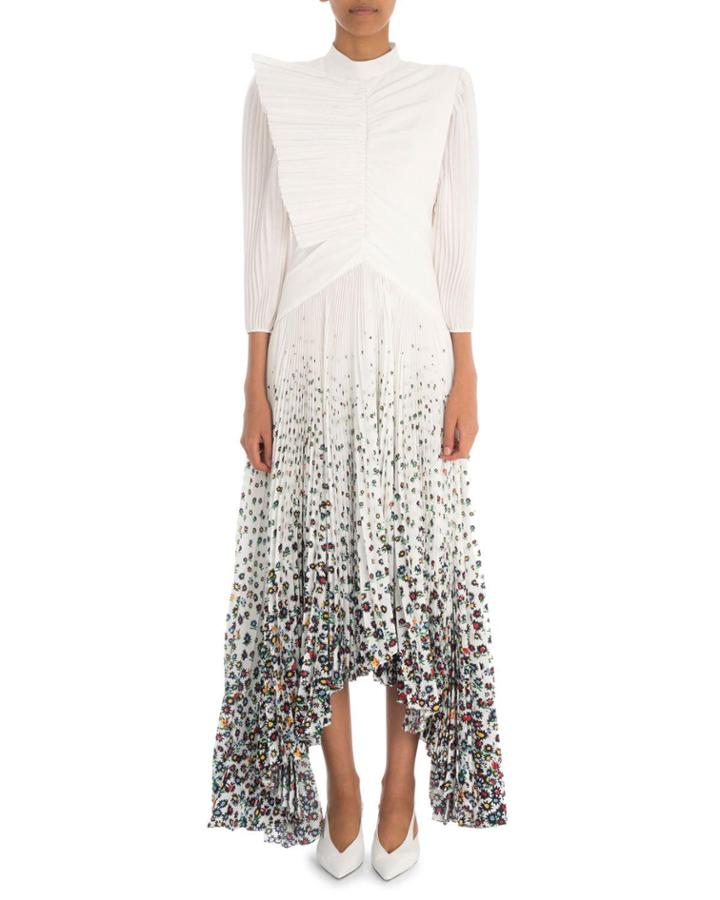 Long-sleeve Pleated Crepe Gown