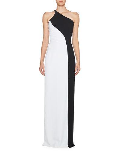 Colorblock One-shoulder Gown, Black/white