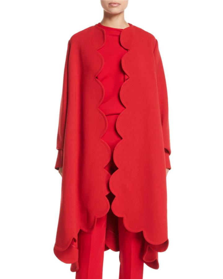 Long-sleeve Scallop-edge Mid-calf Wool Coat