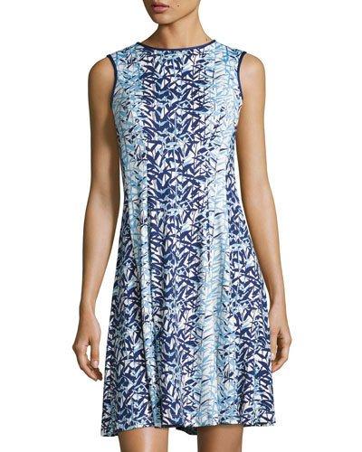 Leaf-print Sleeveless A-line Dress
