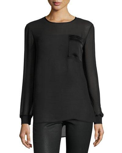 Long-sleeve Chiffon Pullover Blouse, Black