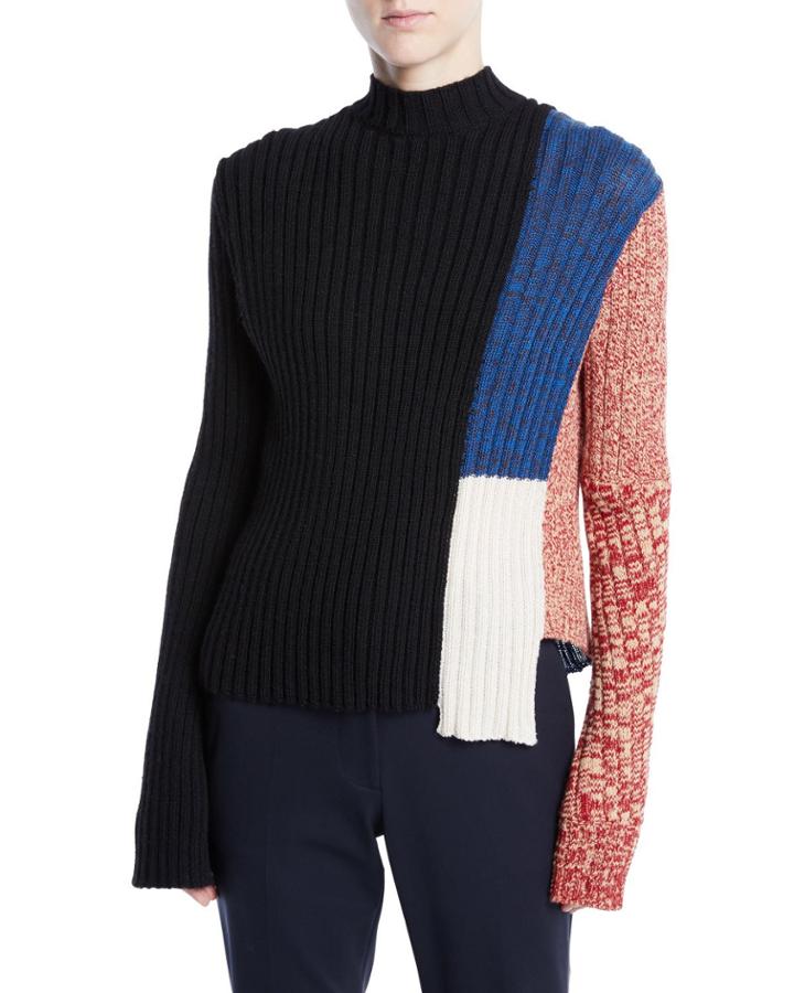 Mock-neck Long-sleeve Patchwork Ribbed Wool