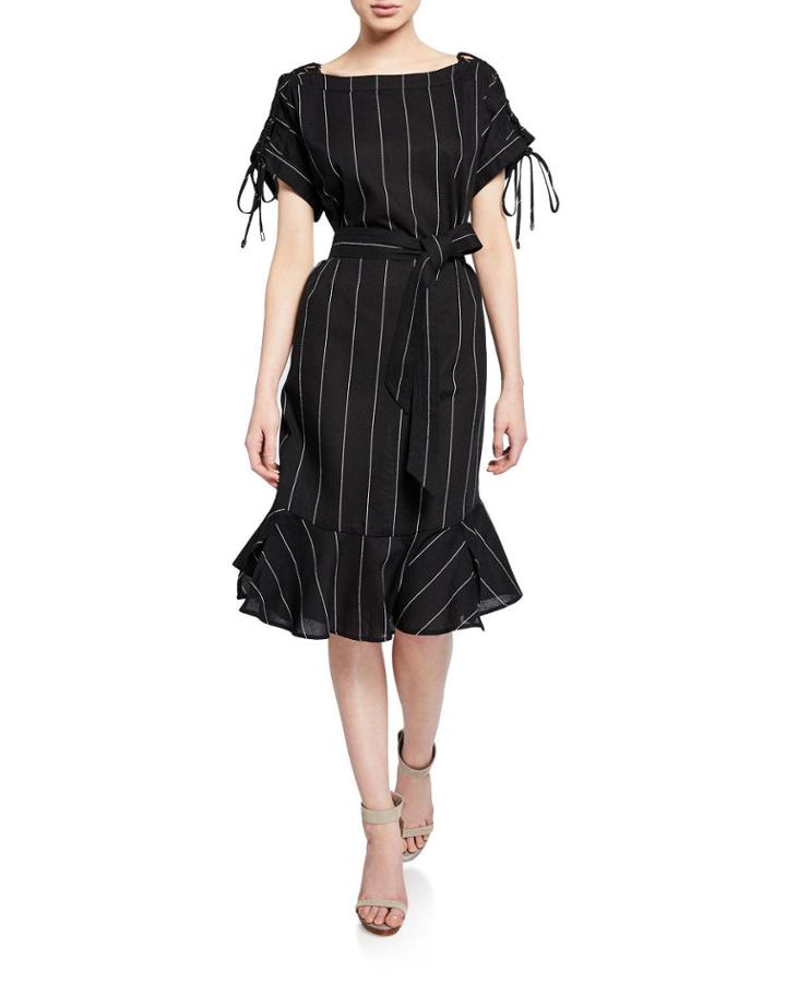 Striped Lace-up Ruffle-hem Dress