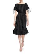 Striped Lace-up Ruffle-hem Dress