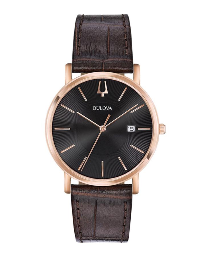 37mm Men's Classic Date Watch W/ Leather, Black/brown