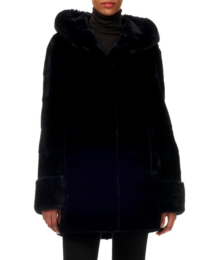 Sheared Rex Rabbit Fur Parka Coat With Double Hood