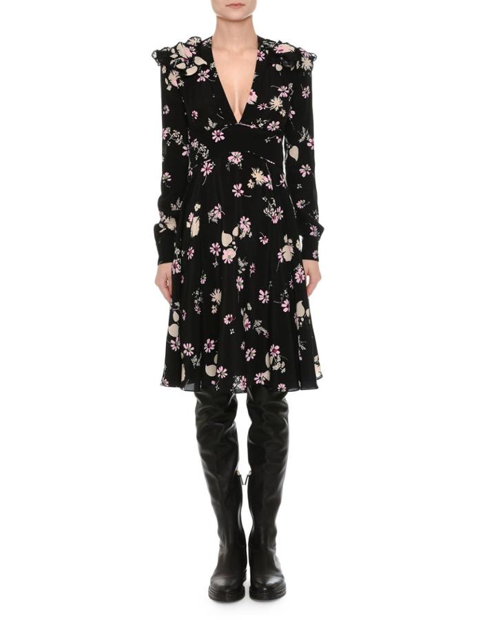 Long-sleeve V-neck Floral Crepe Dress, Black Pattern