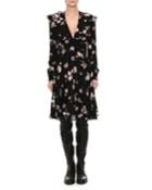 Long-sleeve V-neck Floral Crepe Dress, Black Pattern