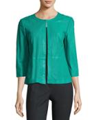 3/4-sleeve Perforated-leather Swing Jacket, Turquoise