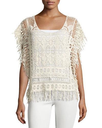Butterfly-sleeve Crochet Blouse W/fringe, Beige