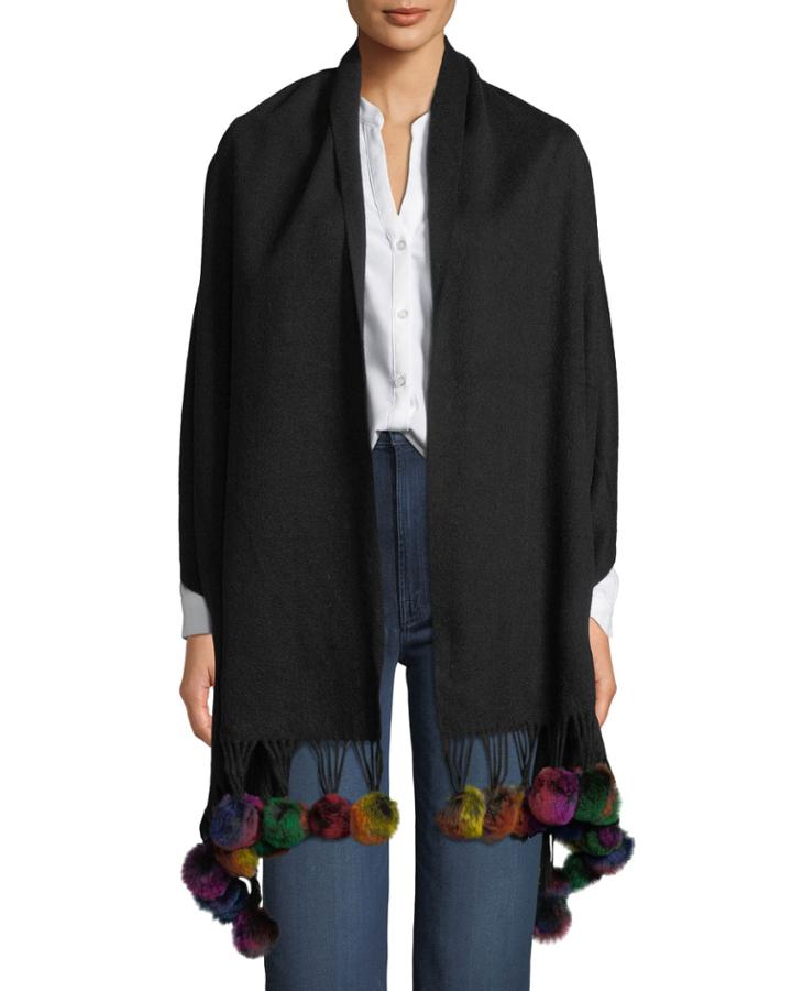 Wool Wrap W/ Multicolor Fur Pompoms