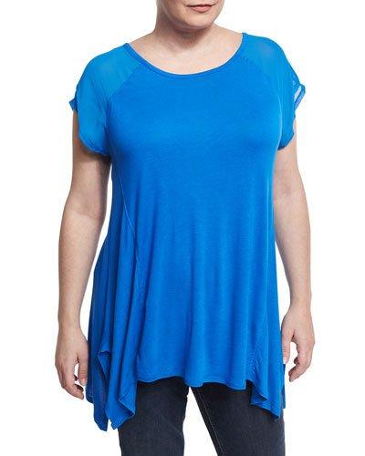 Asymmetric Chiffon-shoulder Top, Blue,