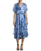 Dominica Short-sleeve V-neck Dress, Blue Pattern